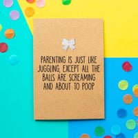 Funny New Baby Card | Parenting Is Like Juggling - Bettie Confetti