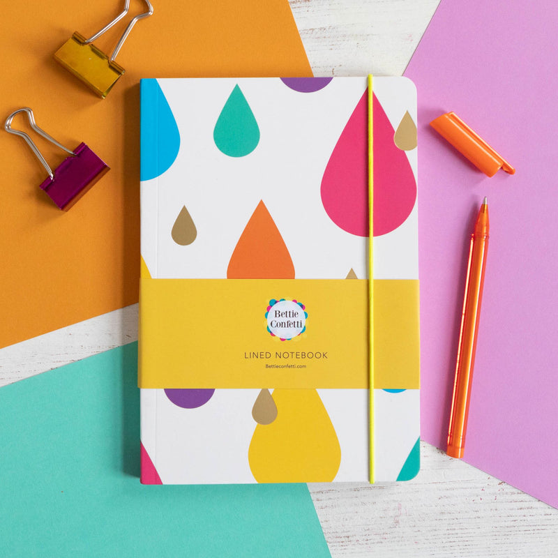 Rainbow notebook | Striped Notebook | Gold Foil | Elastic enclosure | Raindrops Pattern